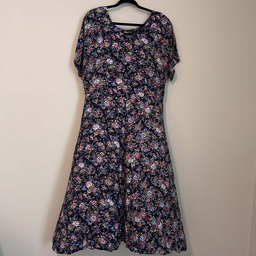 Vtg 90s Ms California Maxi Secretary Dress Navy Blue Floral Cottagecore Mom